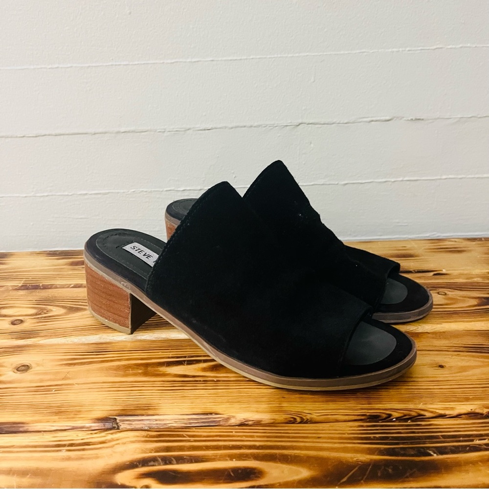 Steve Madden Richelle Black Suede Slip On Heel Mule Sandals SZ 7M Leather